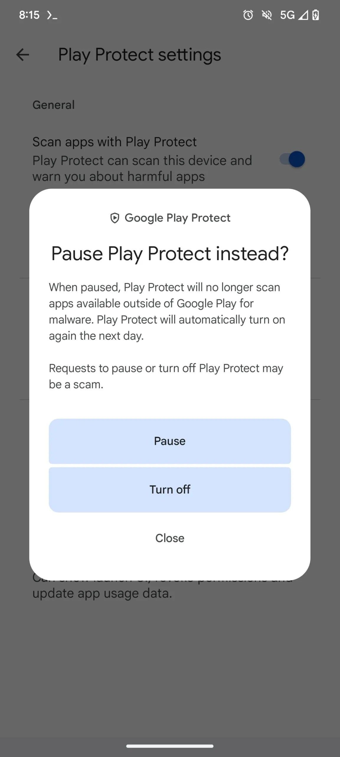 Screenshot showing option to pause play protect