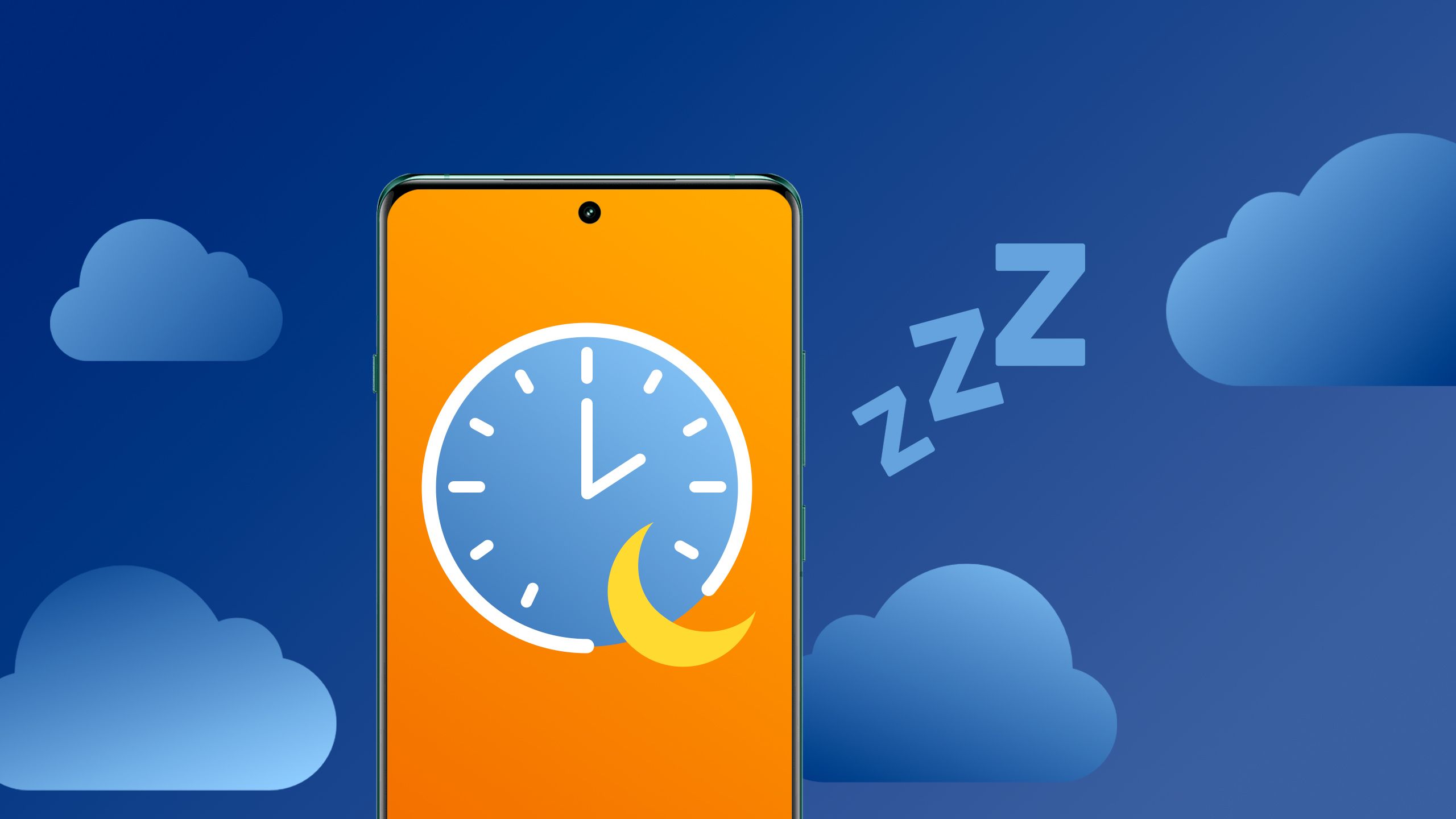 An illustration of a phone with a large clock on the display against a night sky