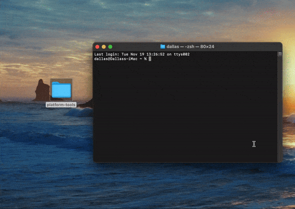 Animated GIF showing how to easily change directories in Terminal to the platform-tools folder.