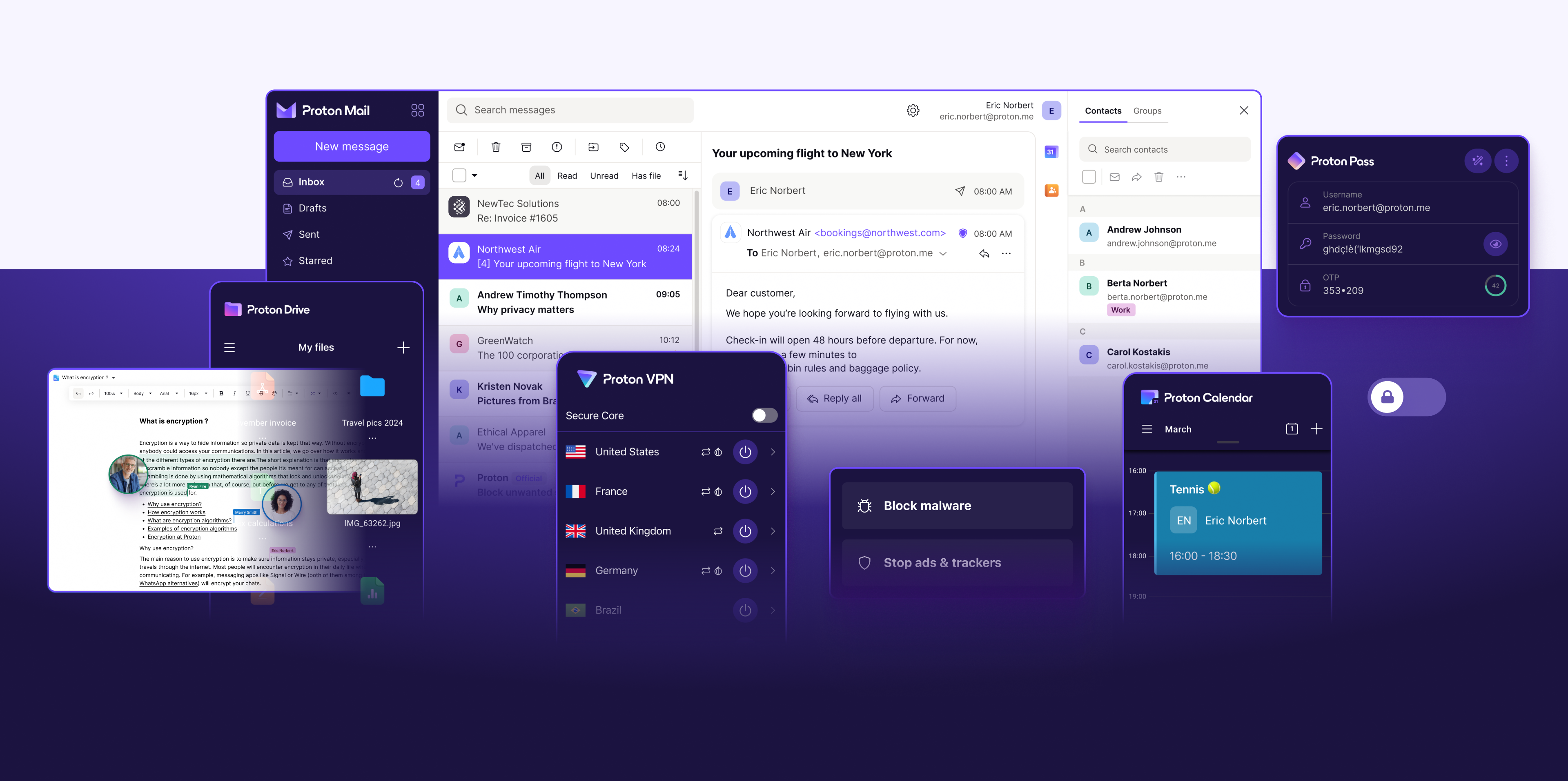 Proton Mail art showing the app across systems with purple theme