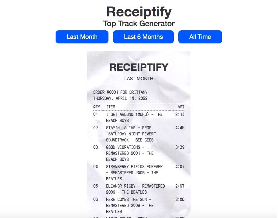 Receiptify screenshot showing fake grocery receipts of songs and artists