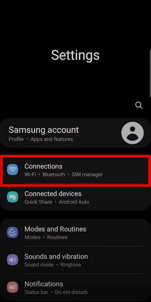 Settings menu on Samsung phone with "Connections" highlighted