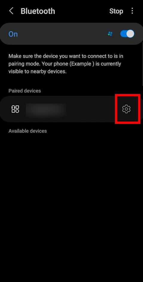 Bluetooth settings with a gear icon next to a paired device highlighted