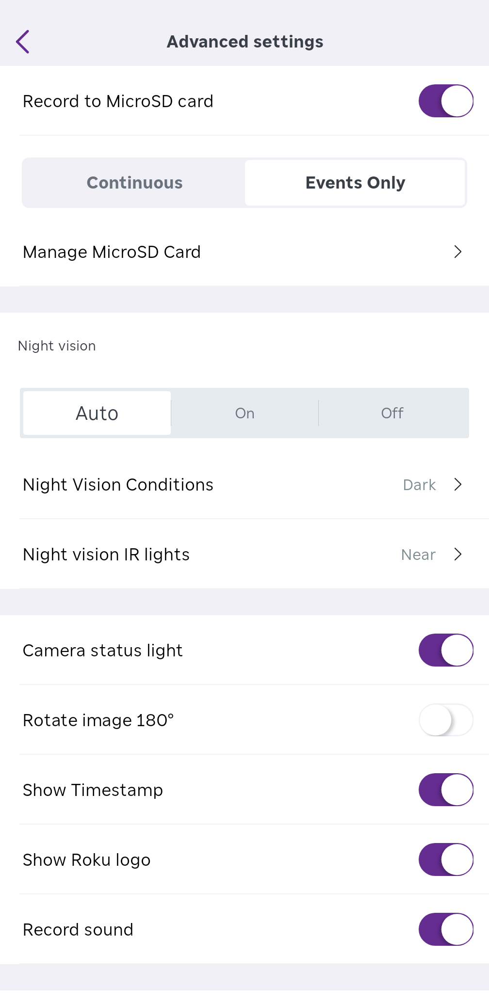 Roku Indoor Camera SE advanced settings