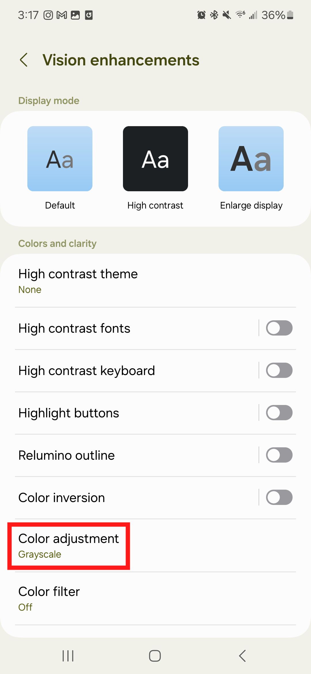 A screenshot of the Samsung Galaxy S22 Vision enhancement settings with a red box around Color Adjustment.