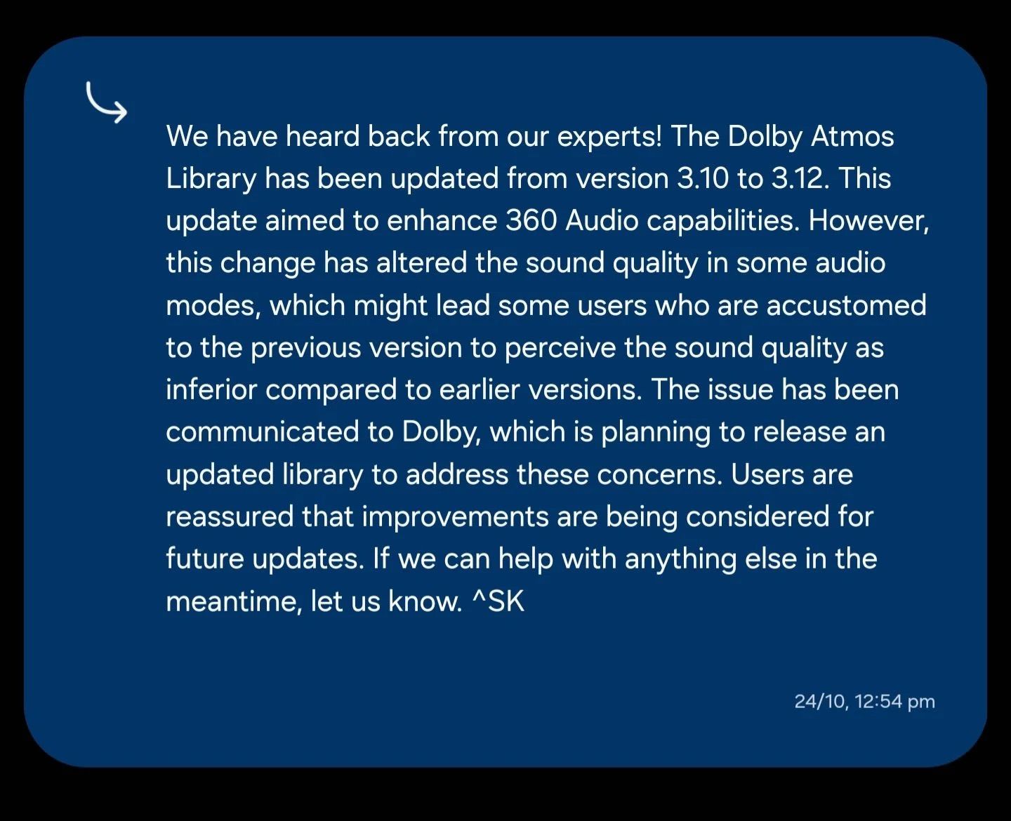 A screenshot showing Samsung’s statement on the Dolby Atmos bug affecting Galaxy devices