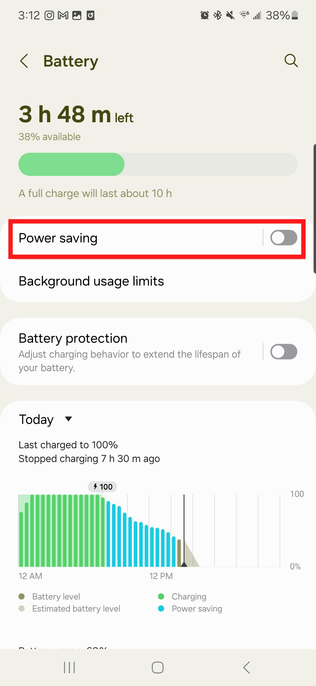 A screenshot of the Samsung Galaxy S22 Battery settings menu with a red box around Power Saving. 