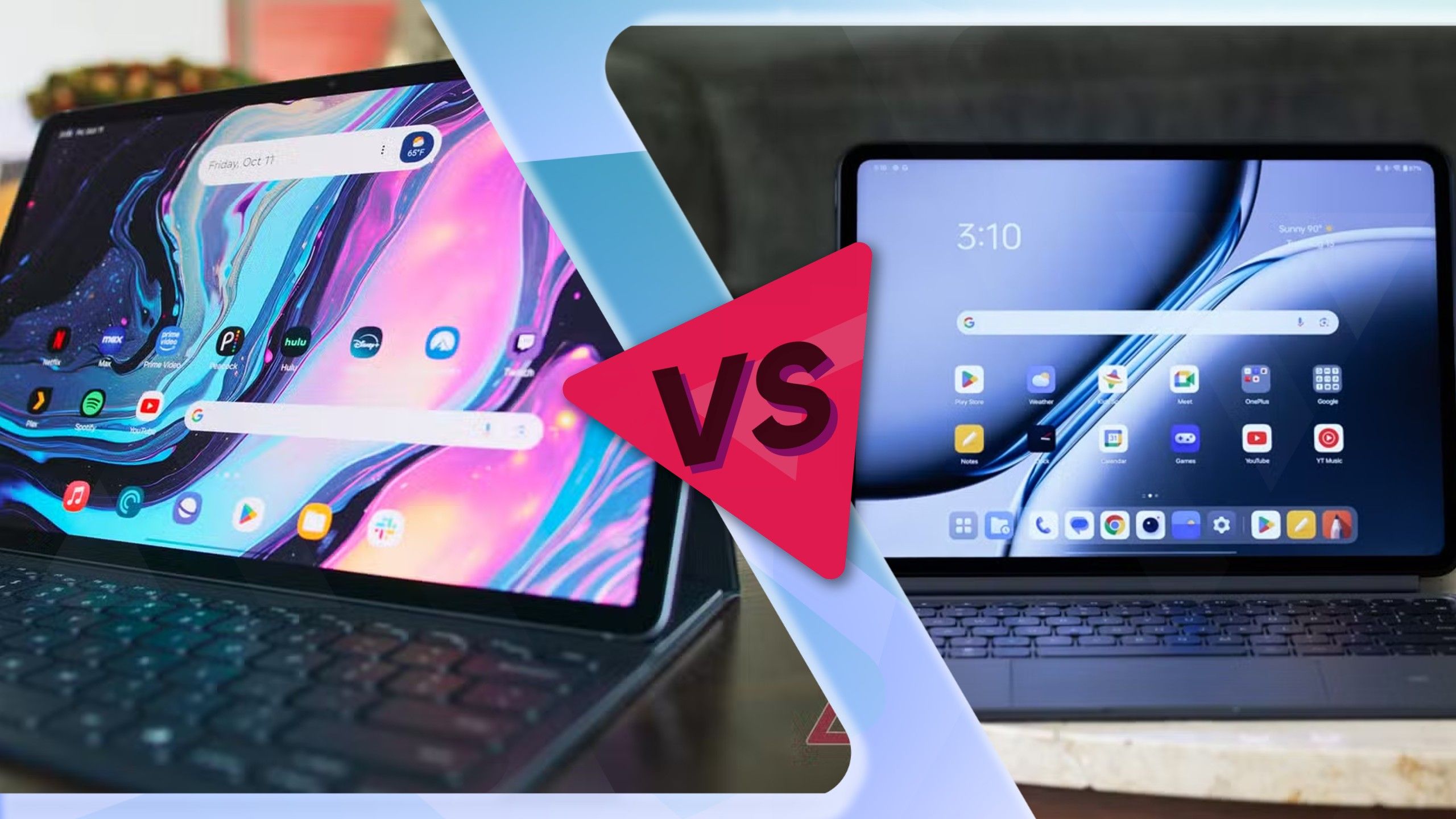 Samsung Galaxy Tab S10+ ở bên trái và OnePlus Pad 2 ở bên phải với logo màu đỏ ở giữa trên nền xanh.