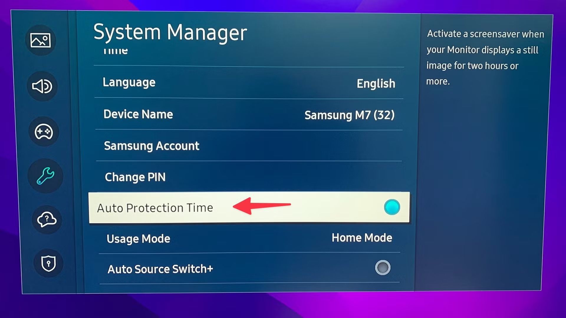Turning off Auto Protection Time setting in Samsung System Manager menu