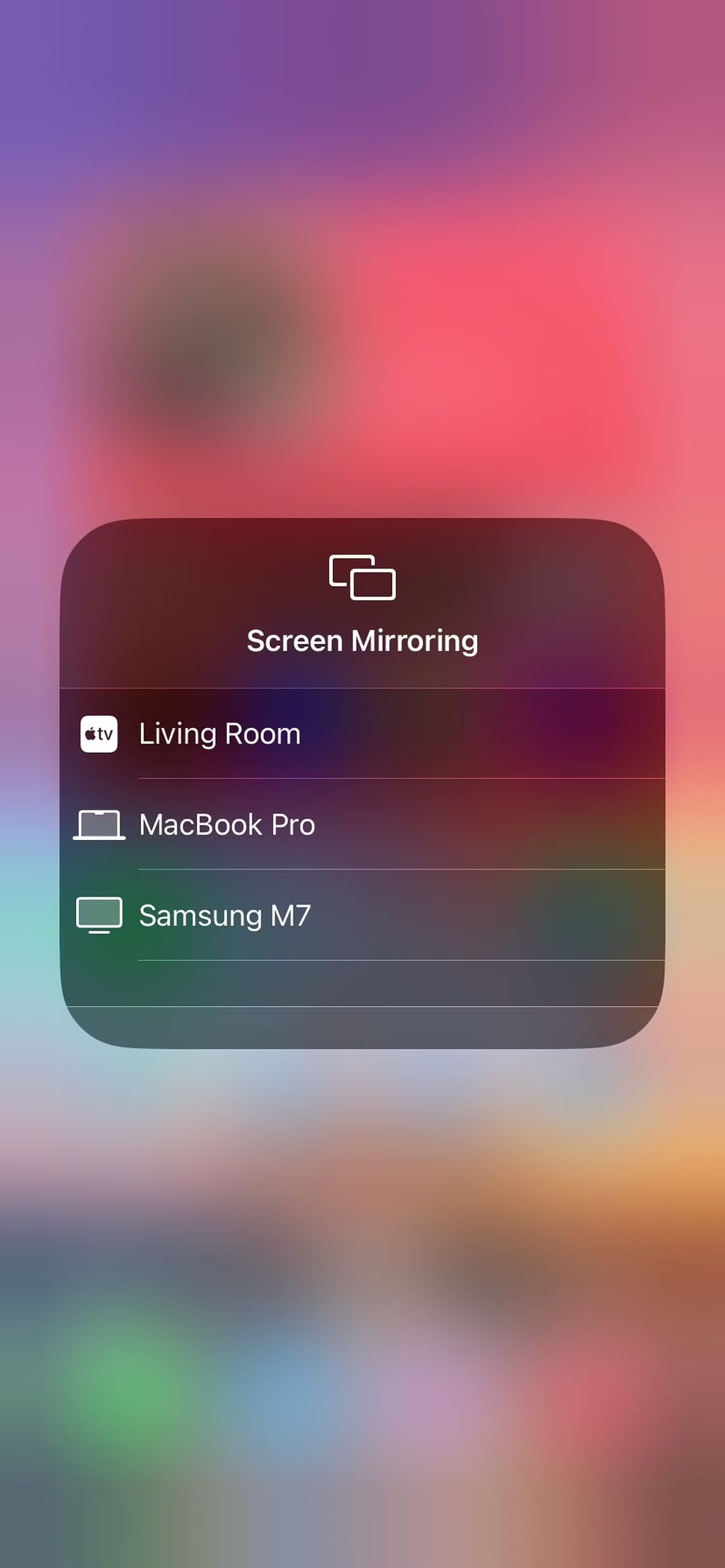 Available devices for screen mirroring on iPhone