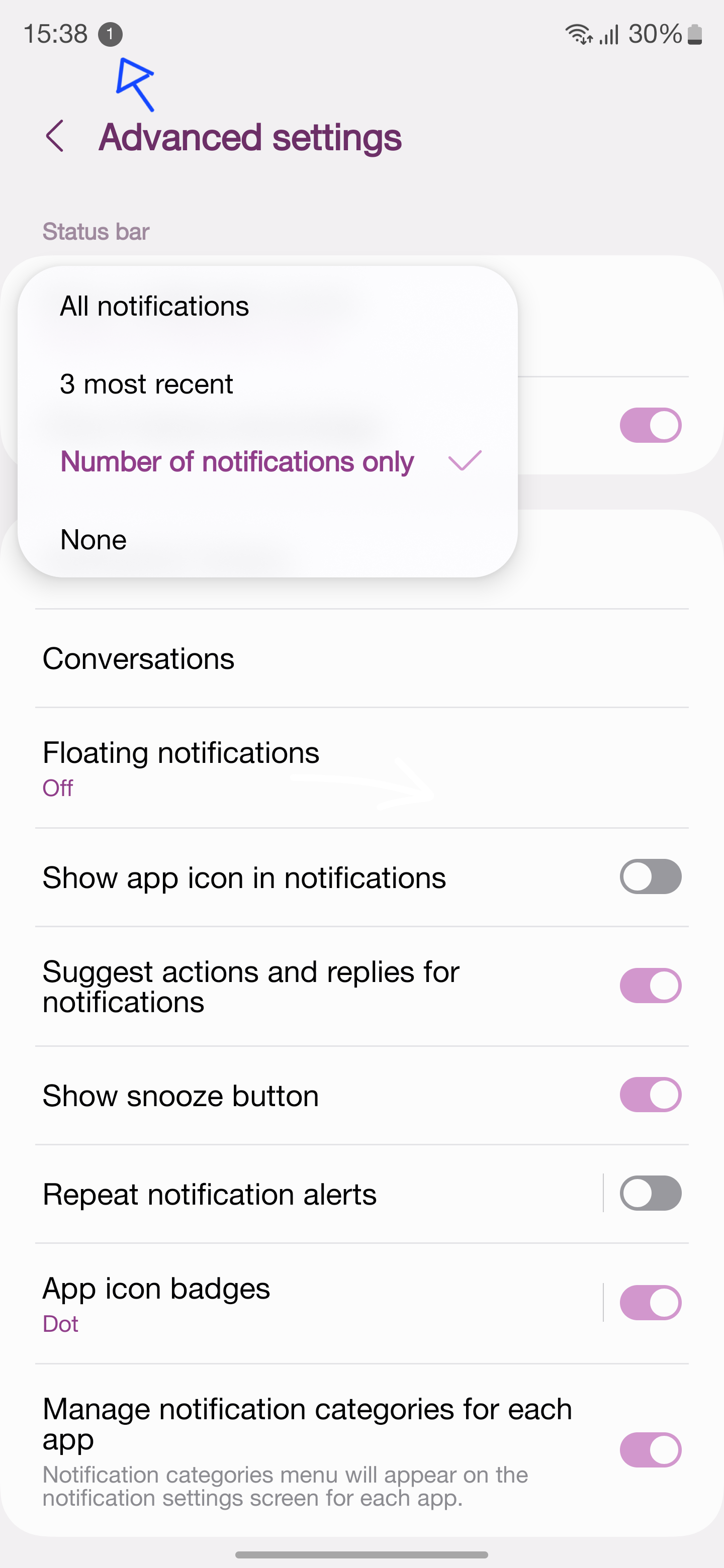 A screenshot of One UI settings that shows number of notifications