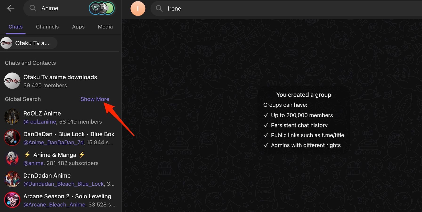 Anime group search results on Telegram web app