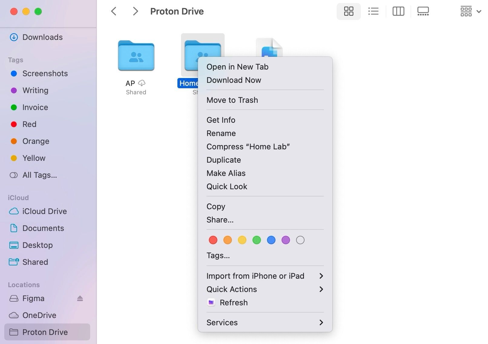 Context menu in Proton Drive