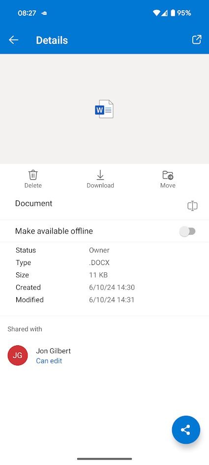 file details screen on one drive app for mobile