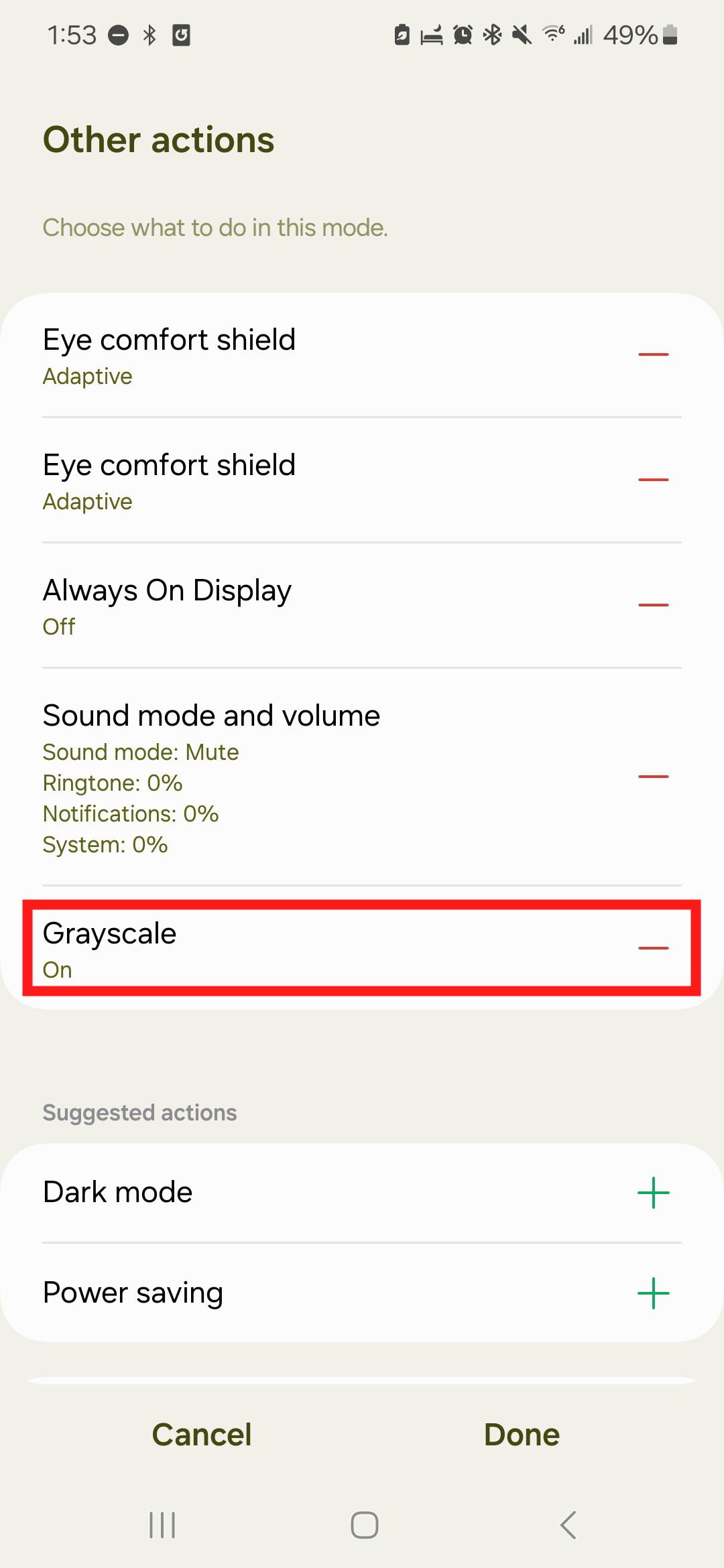 A screenshot of the Samsung Galaxy S22 Sleep mode Other actions settings menu with a red box around the Grayscale section.