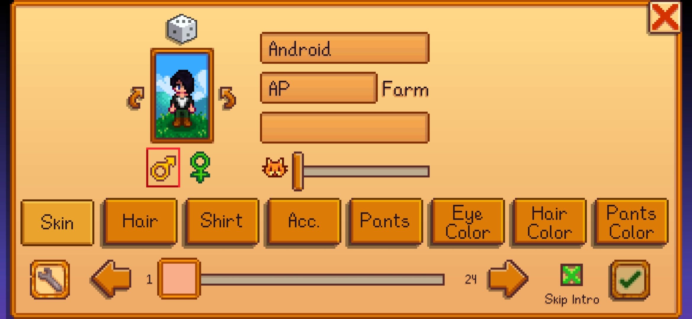 Stardew Valley's character creation and options with the green check mark icon at the bottom right corner