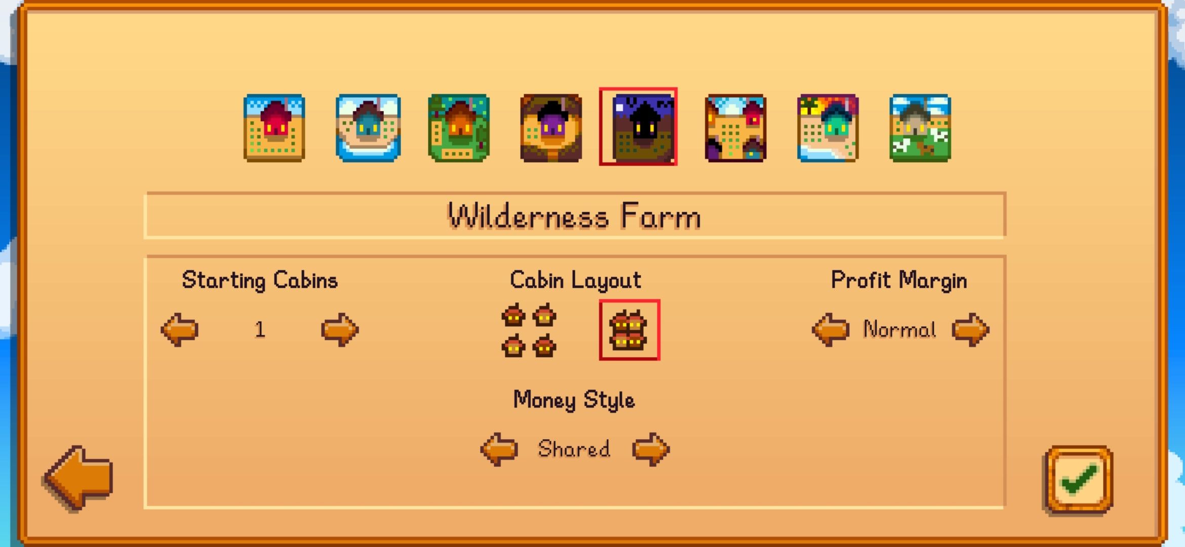 Choose a farm for new game file on Stardew Valley with a green check mark at the bottom right corner