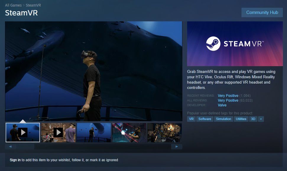 The SteamVR app page showing product images and reviews