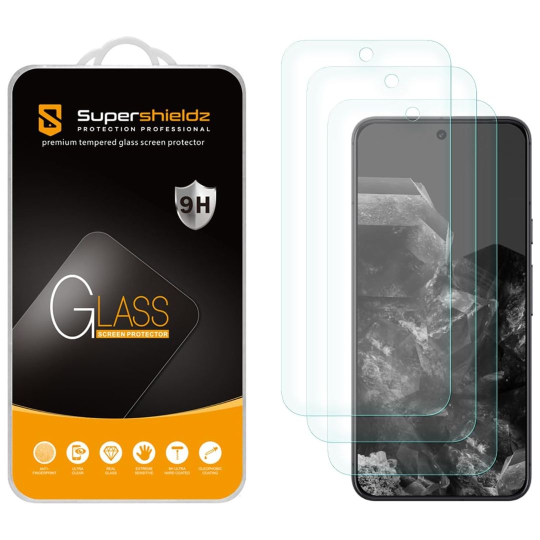 Three transparent screen protectors next to a phone and a black and orange box on a white background