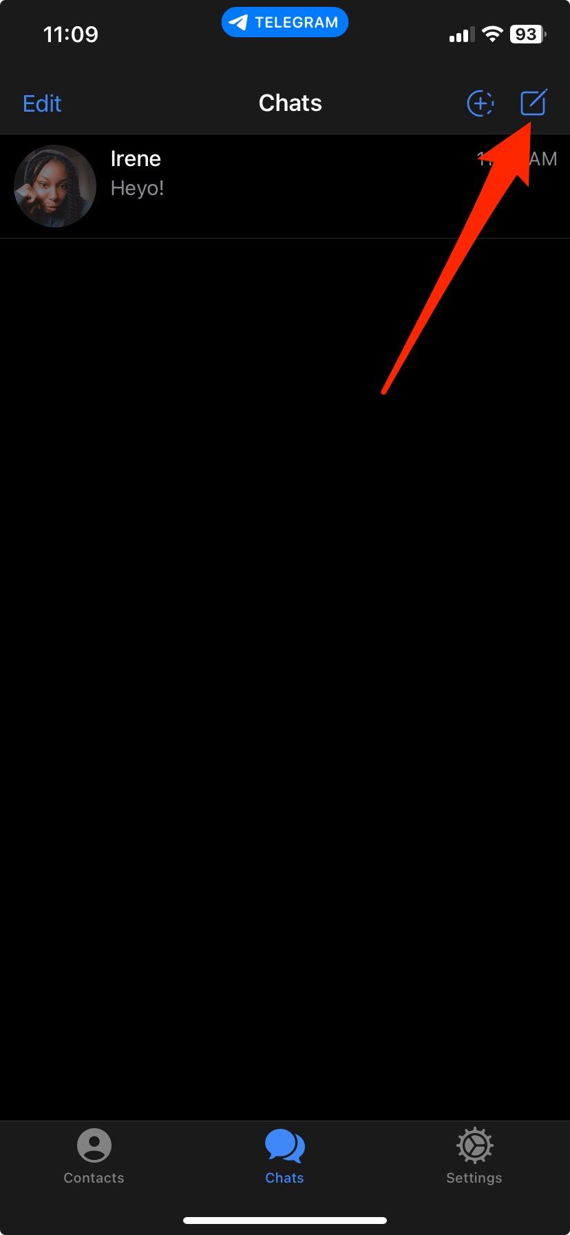 Arrow pointing at pen and pad icon in Telegram Chats menu on iPhone