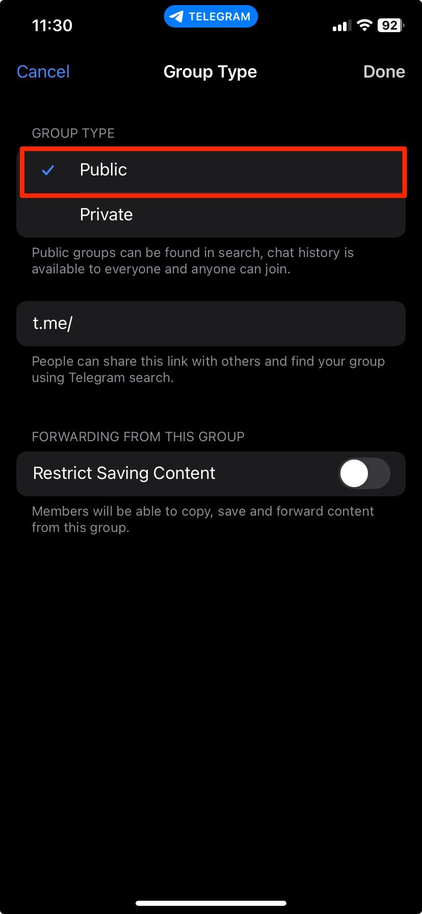 Changing a Telegram group from Private to Public on iPhone