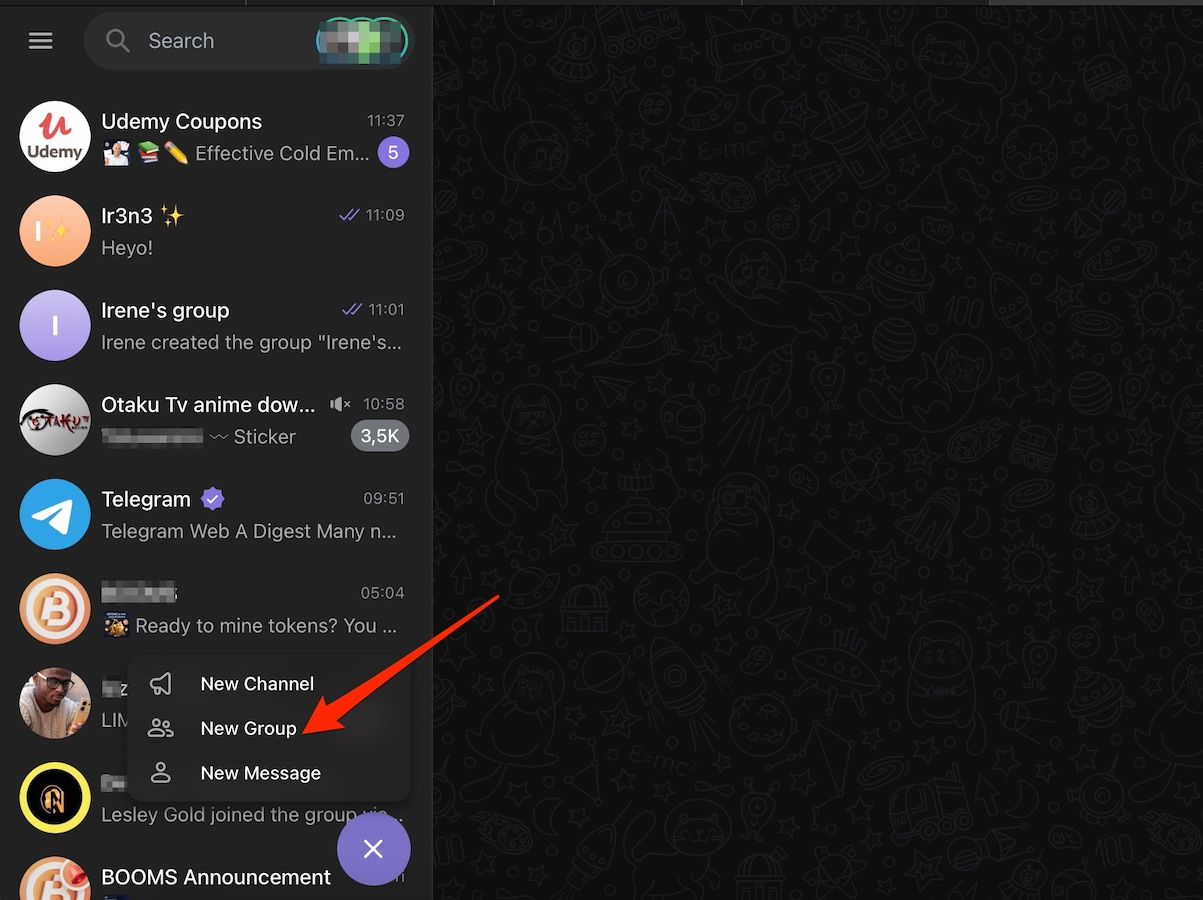 Selecting New Group option on Telegram web app 