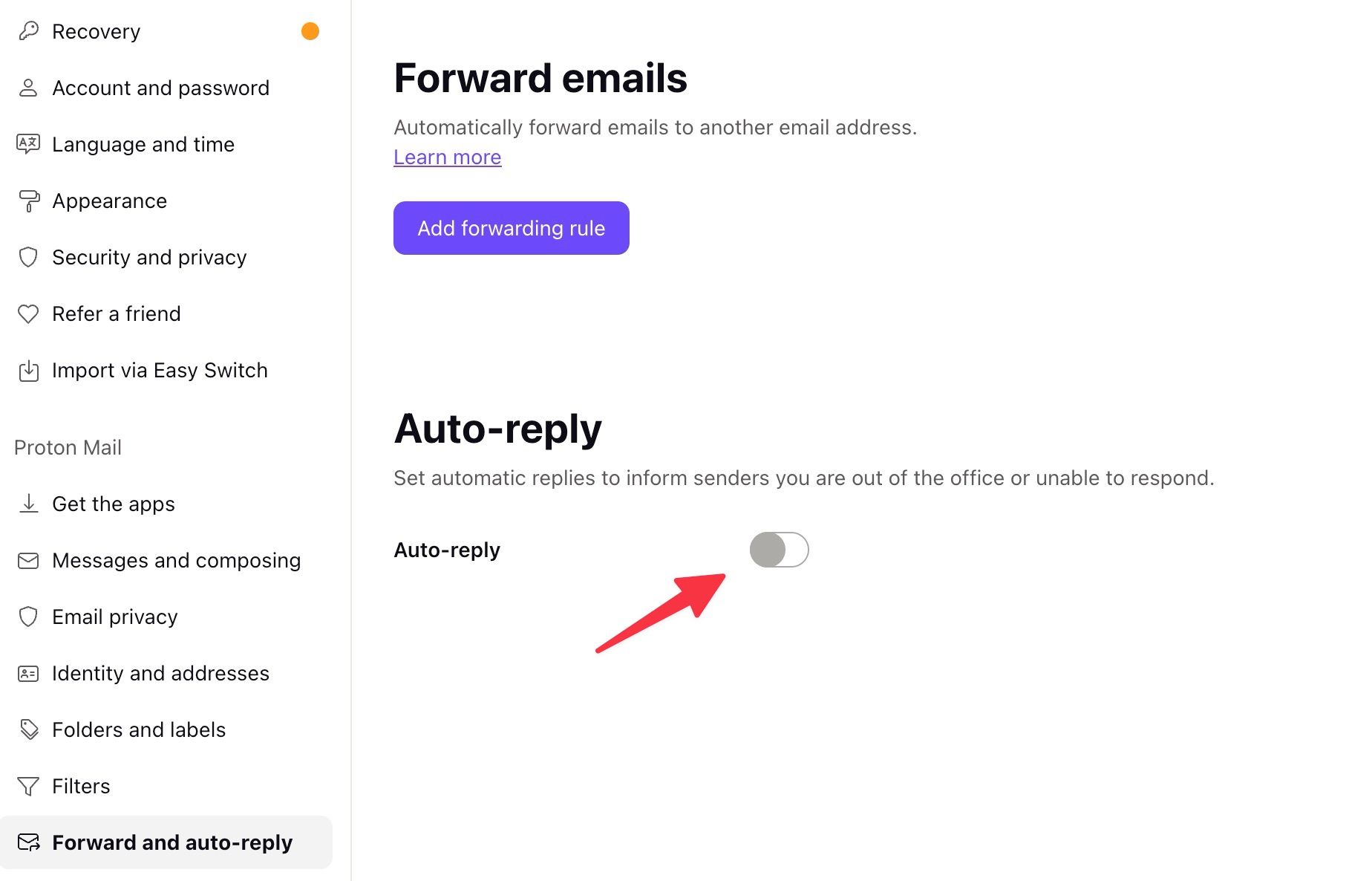 Enable auto reply in Proton Mail