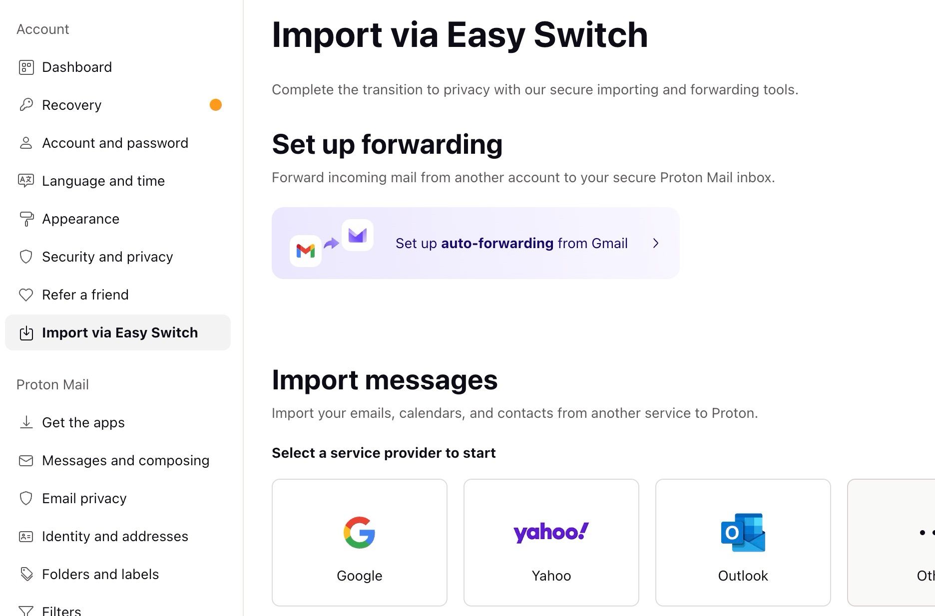 Forward gmail messages to Proton Mail