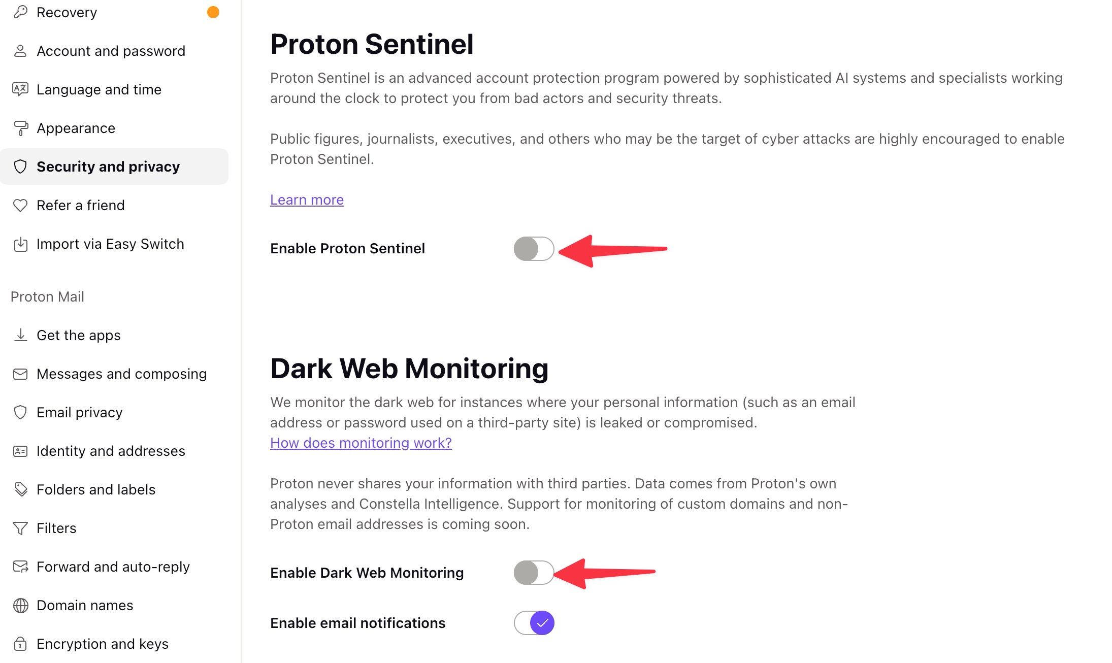 Enable dark web monitoring in Proton Mail