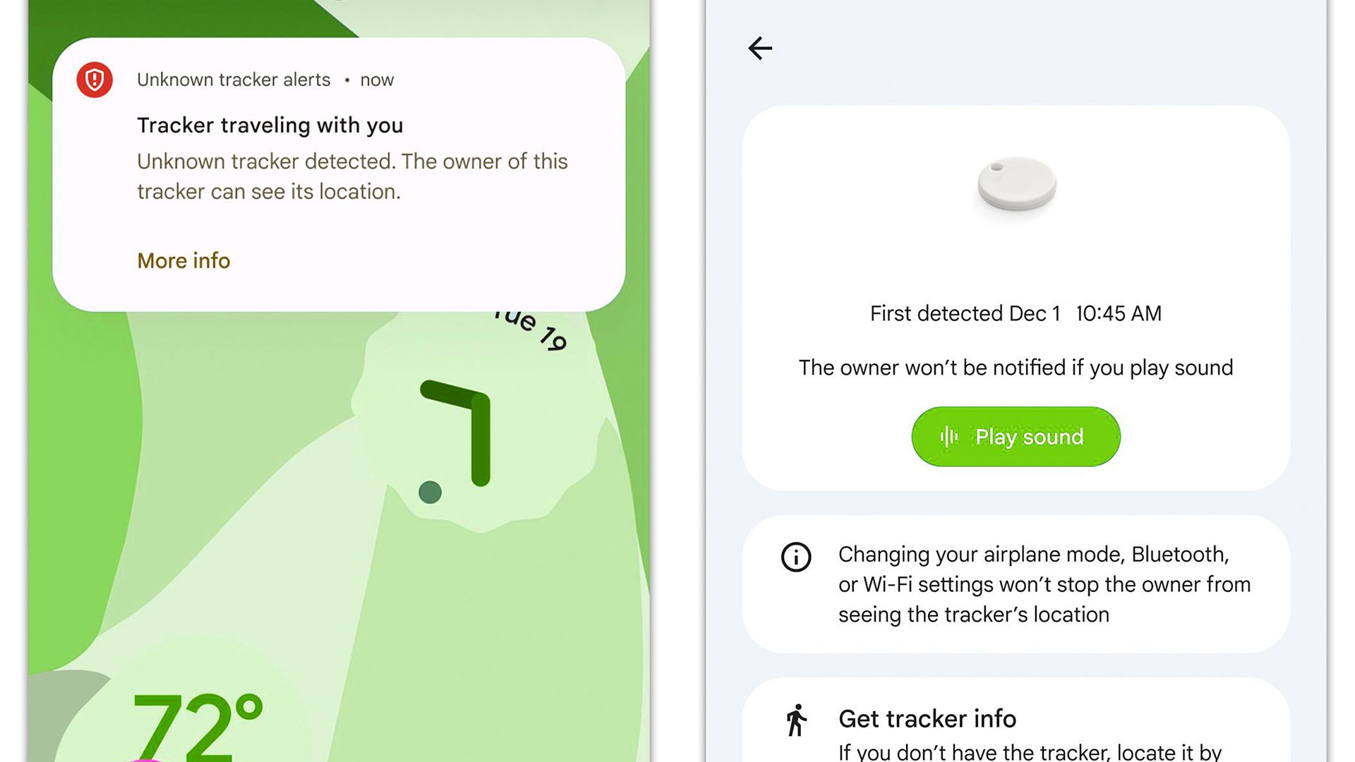 Screenshot of an unknown tracker alert on a smartphone, showing a notification about a tracker traveling with the user.