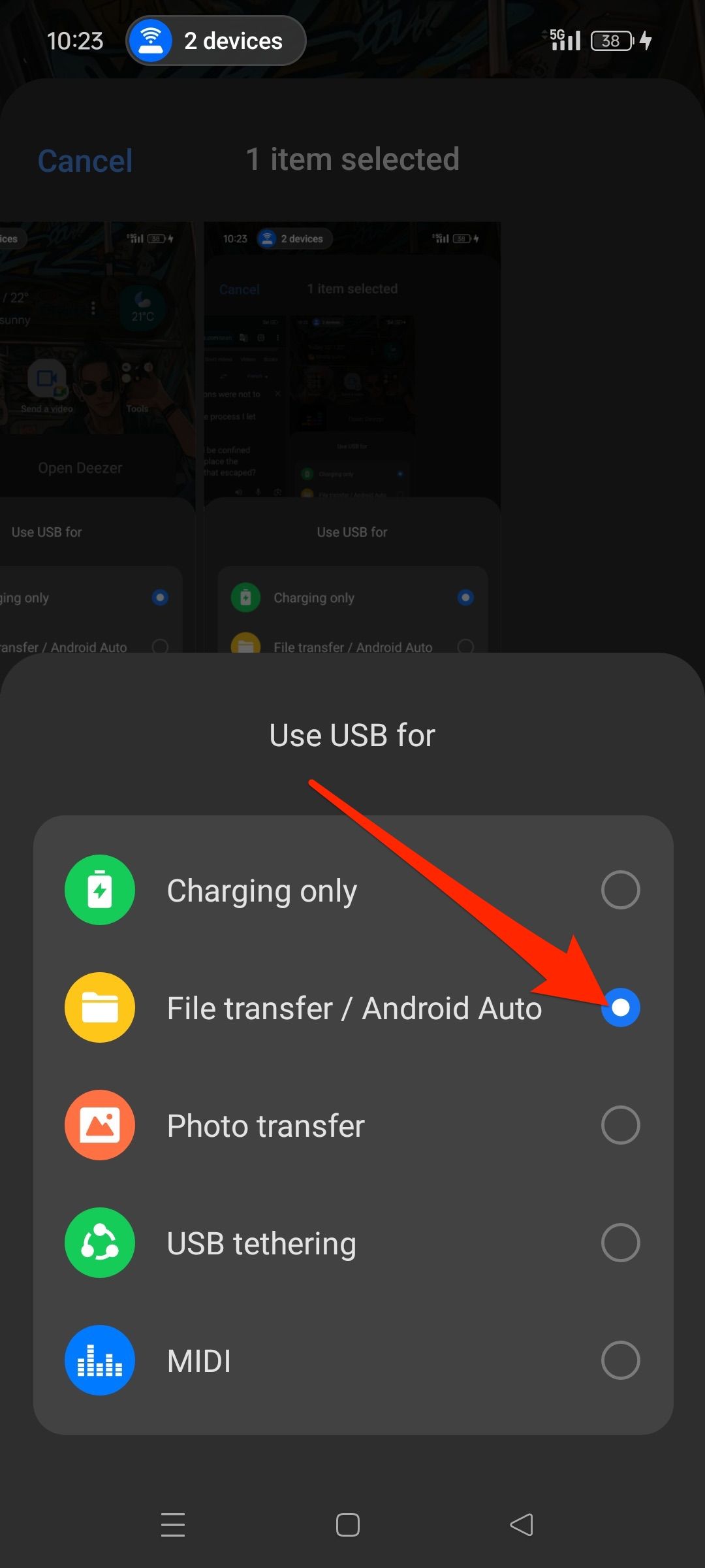 Selecting File transfer and Android Auto USB option on Android phone