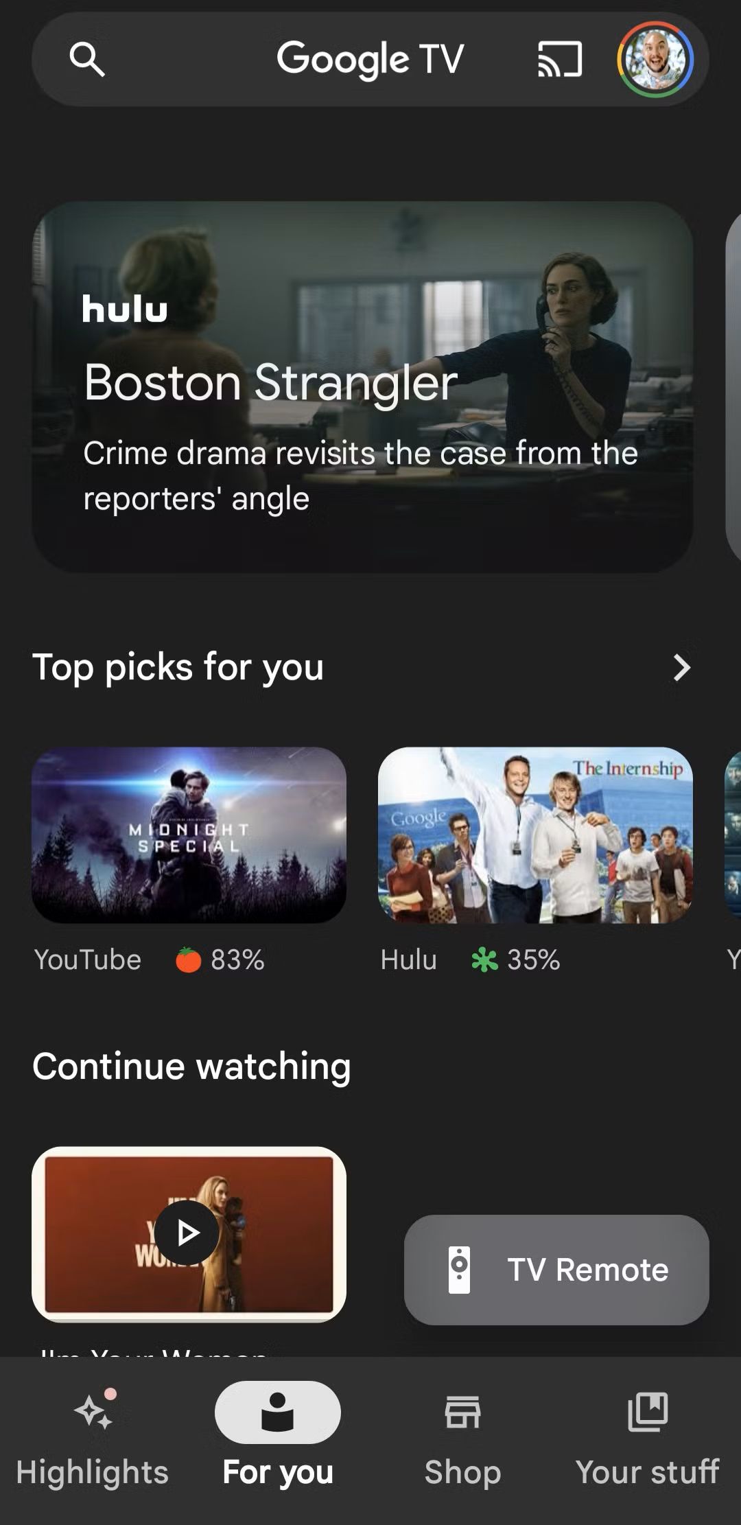 A screenshot of the Google TV Home Screen while the For You tab is opened