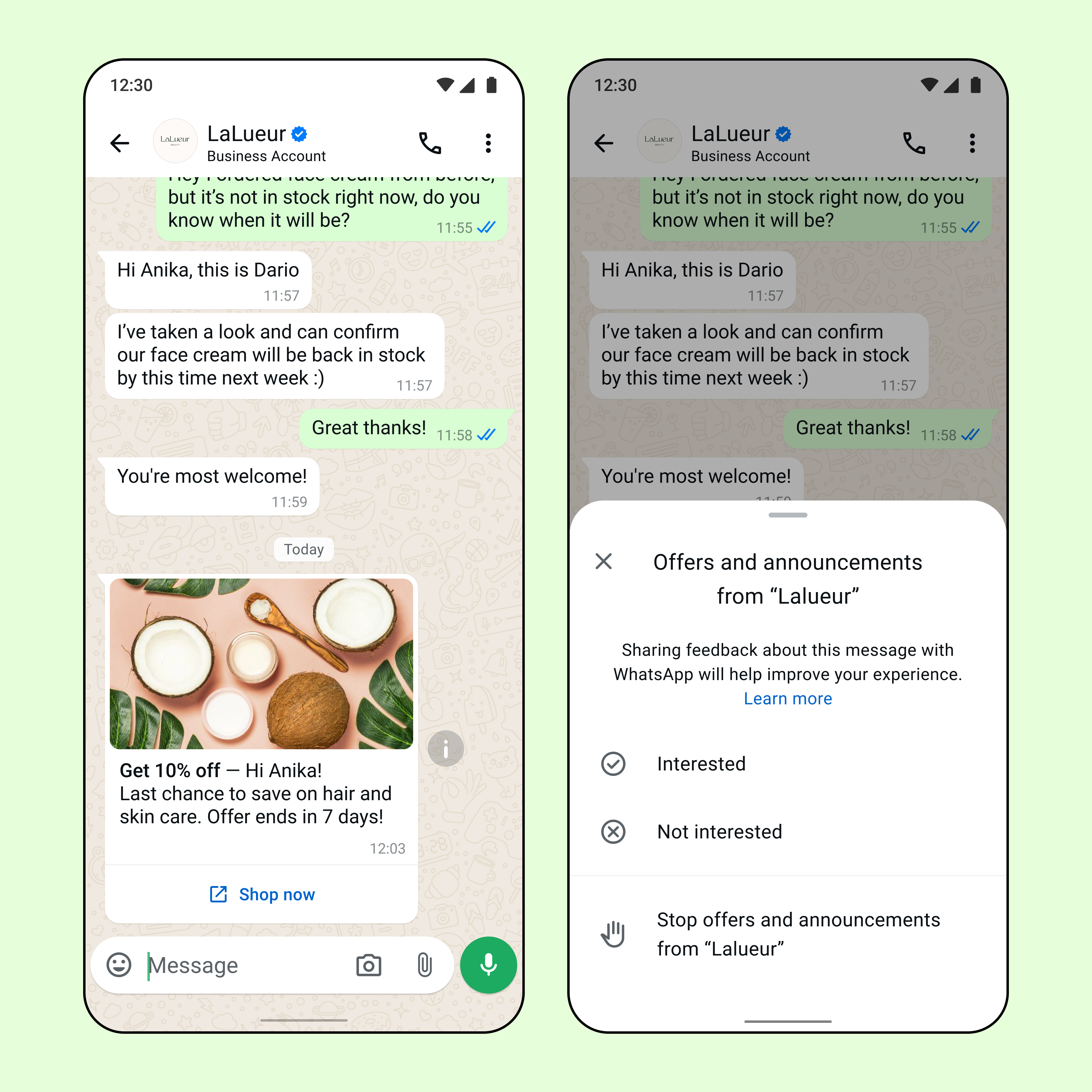 Two screenshots of WhatsApp's new controls for marketing messages.