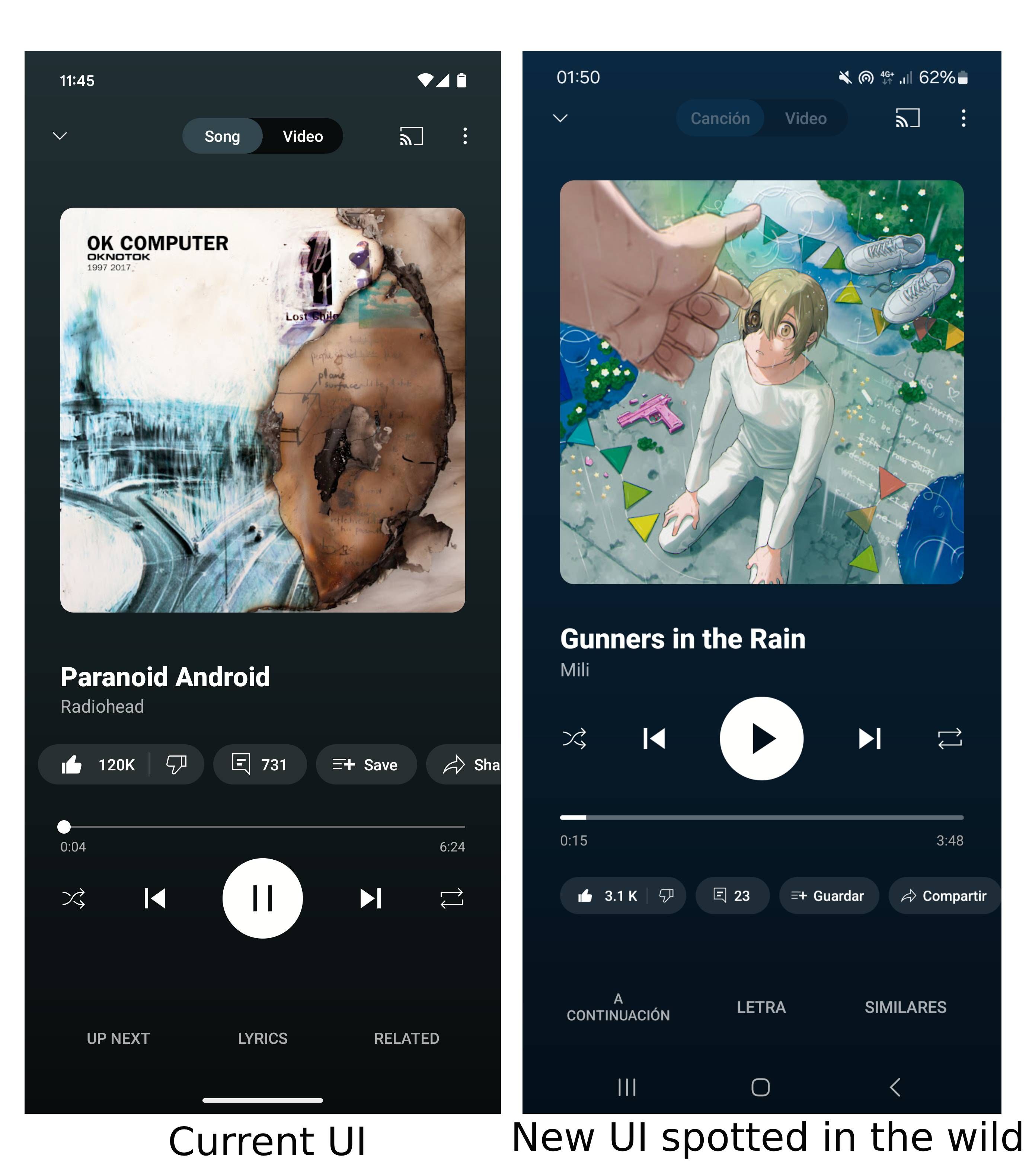 Screenshots of YouTube Music's current and upcoming UI.