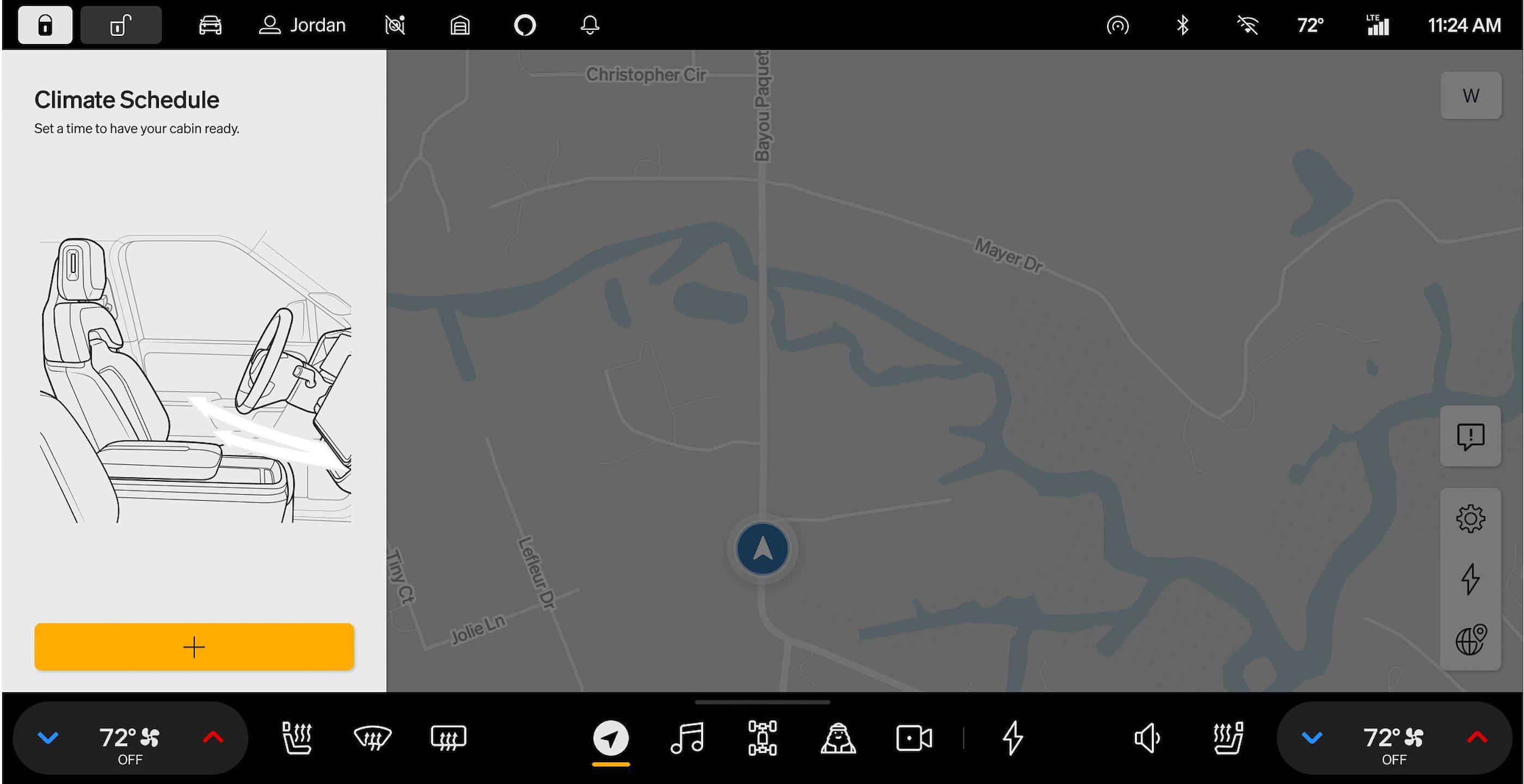 A screenshot of a Rivian touchscreen showing a map and climate controls