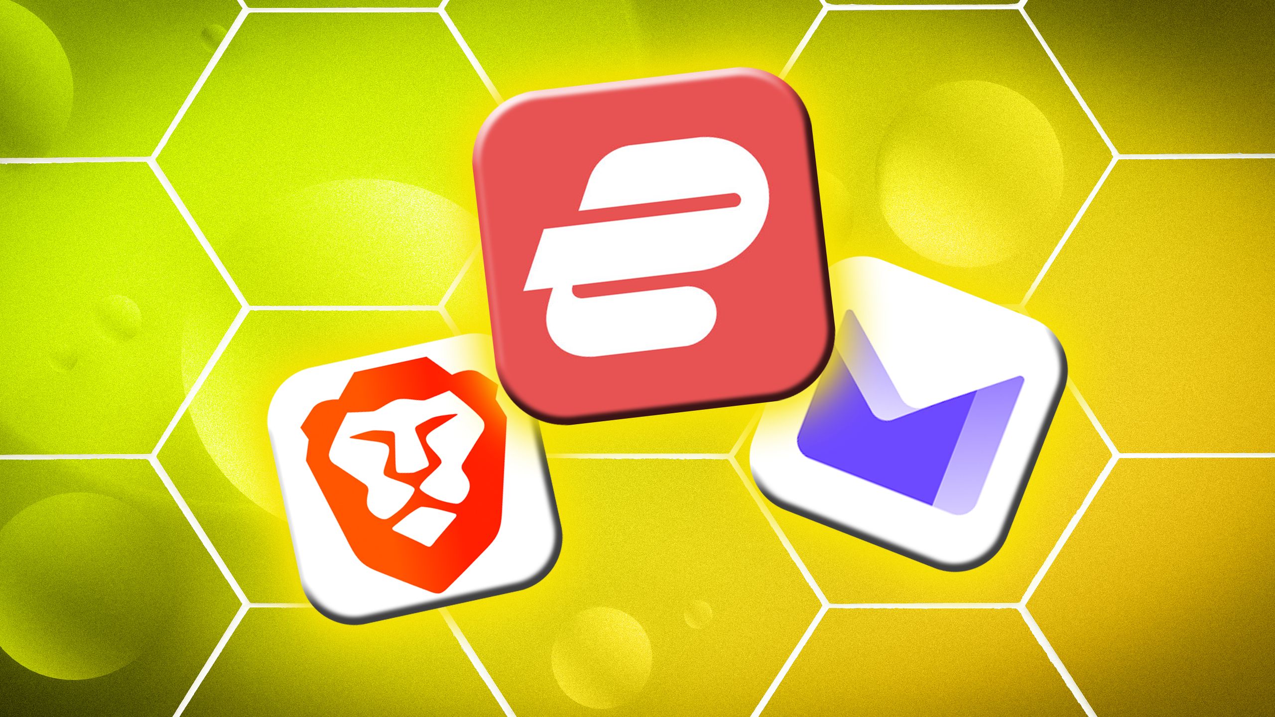 The logos of Brave, ExpressVPN and Proton Mail on a honeycomb effect background