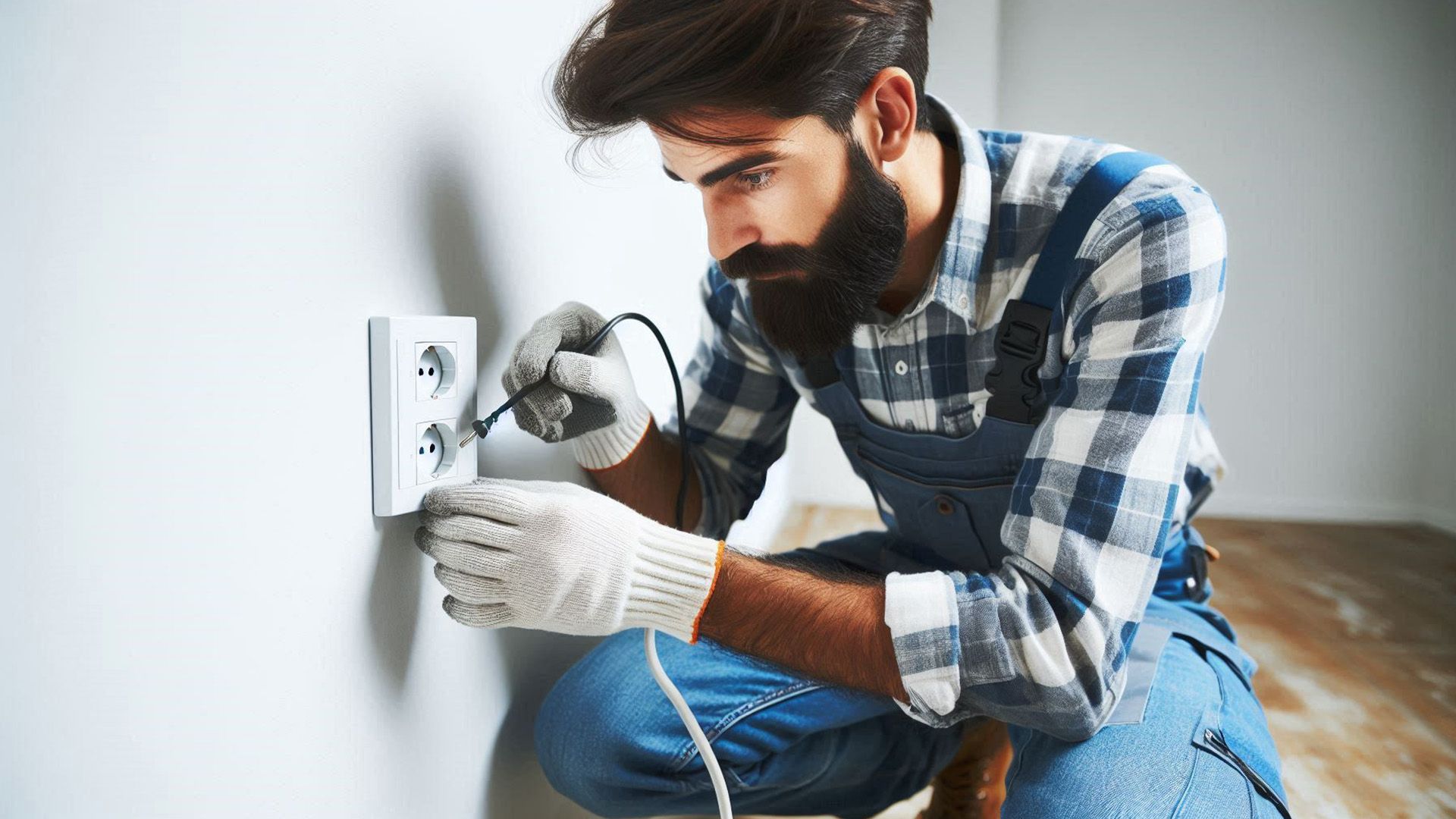 ai image of an electrician servicing a wall outlet in an empty room