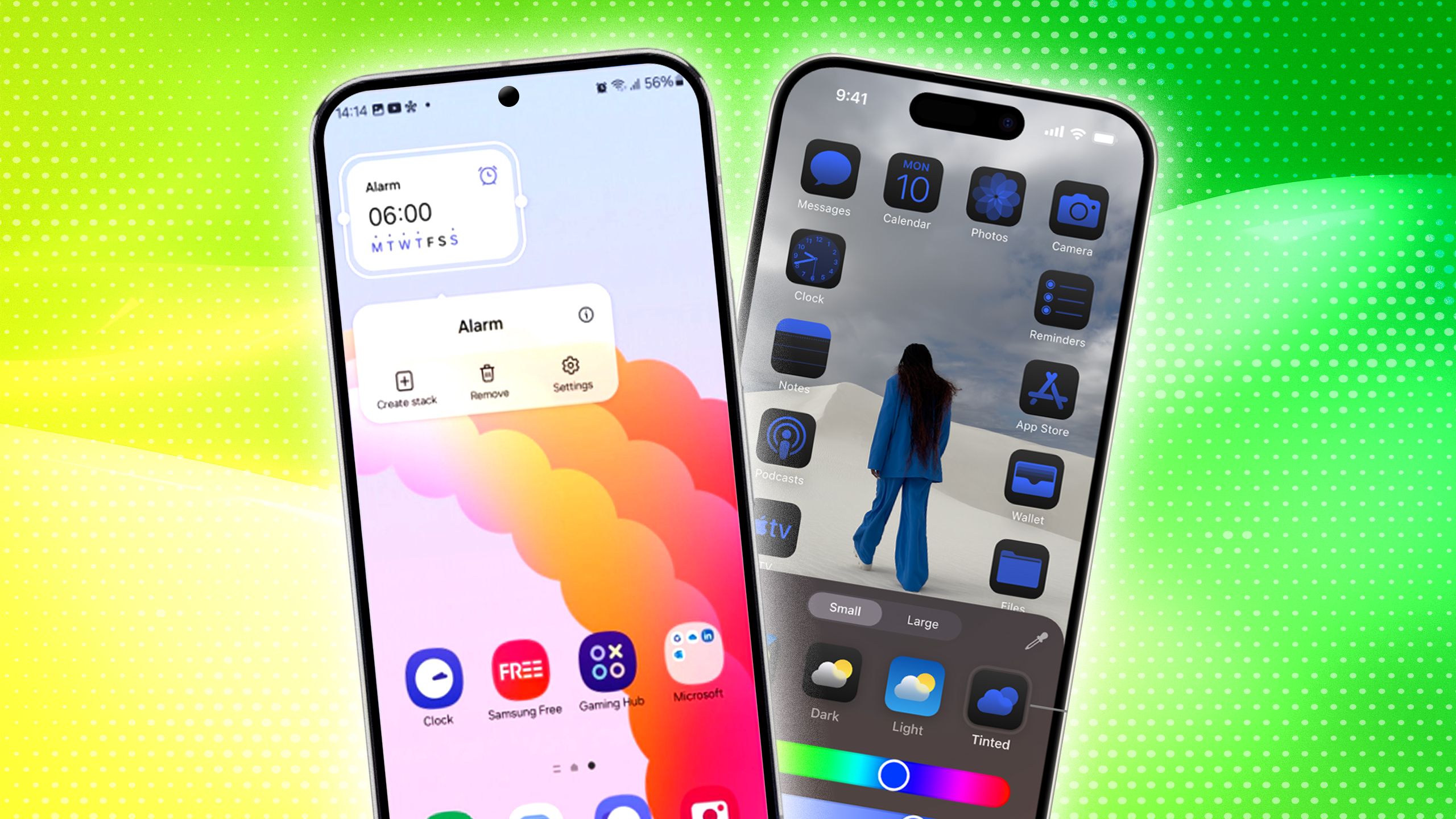 An Android phone next to an iPhone showing the difference in themes