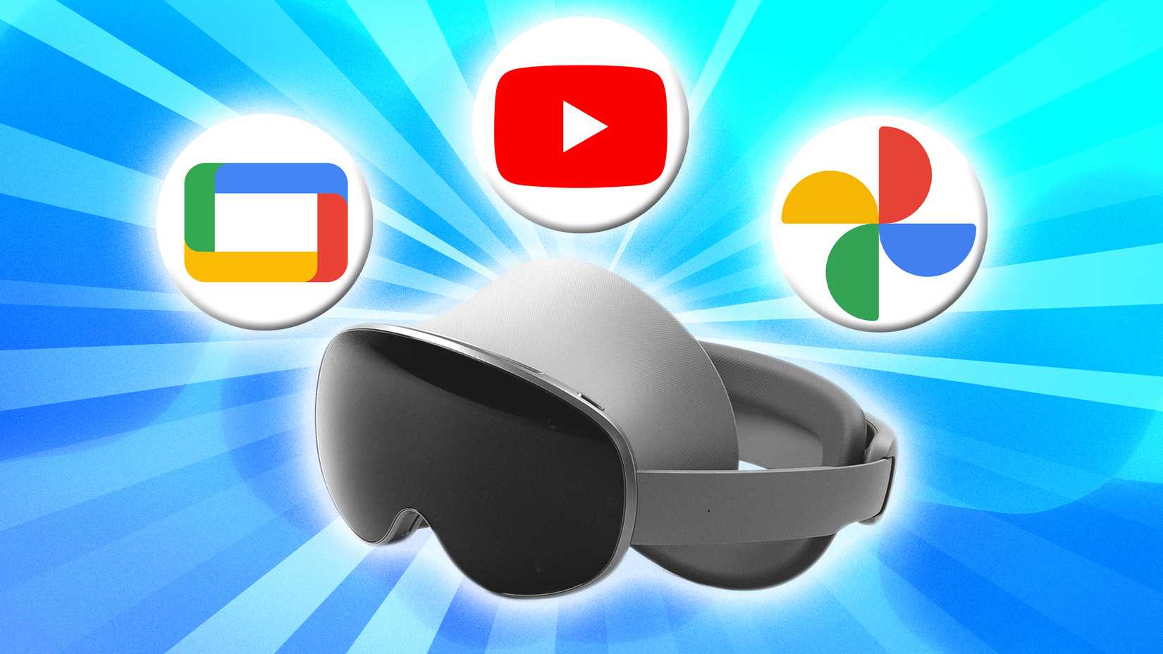 Image of Samsung's upcoming VR/AR headset, code named Project Moohan, overlaid on a blue background, with Google TV, YouTube, and Google Photos logos shown.