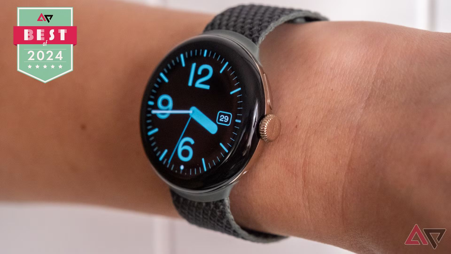 The Google Pixel Watch 3 with Android Police's Best of 2024 award logo attached