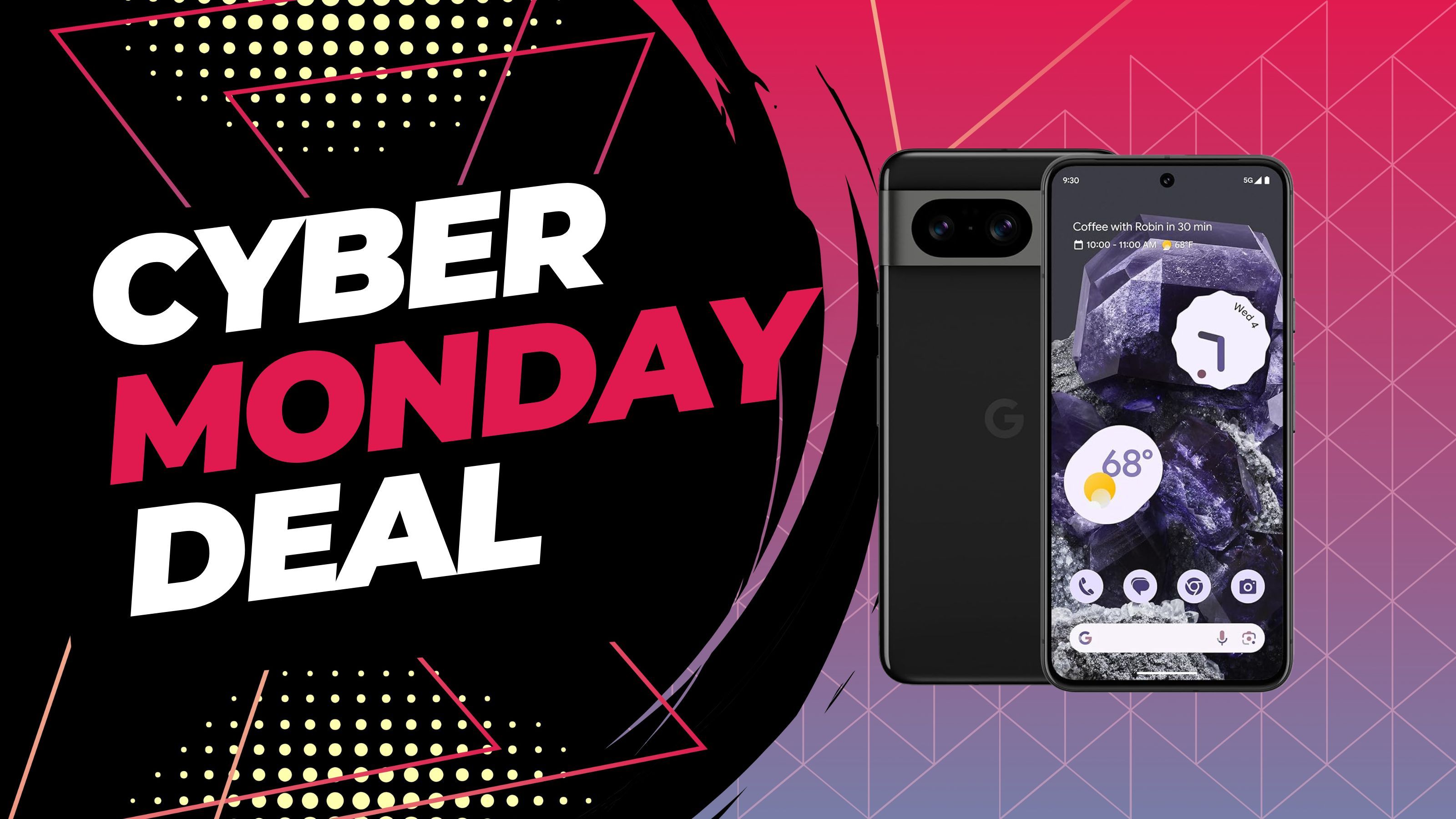 A photo of the Pixel 8 next to a 'Cyber Monday Deal' logo