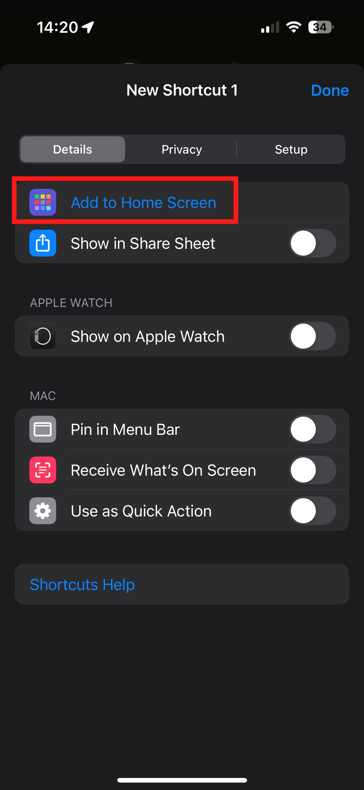 A screenshot of the Apple Shortcuts app new shortcut option with a red box around the Add to Home Screen button. 