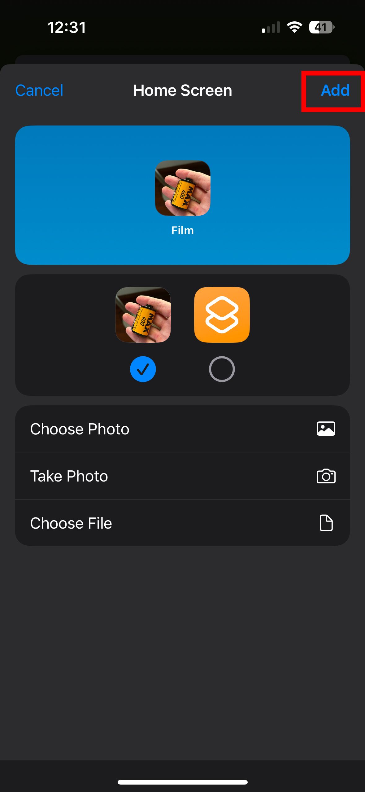 A screenshot of the Apple Shortcuts app edit menu with a red box around Add. 