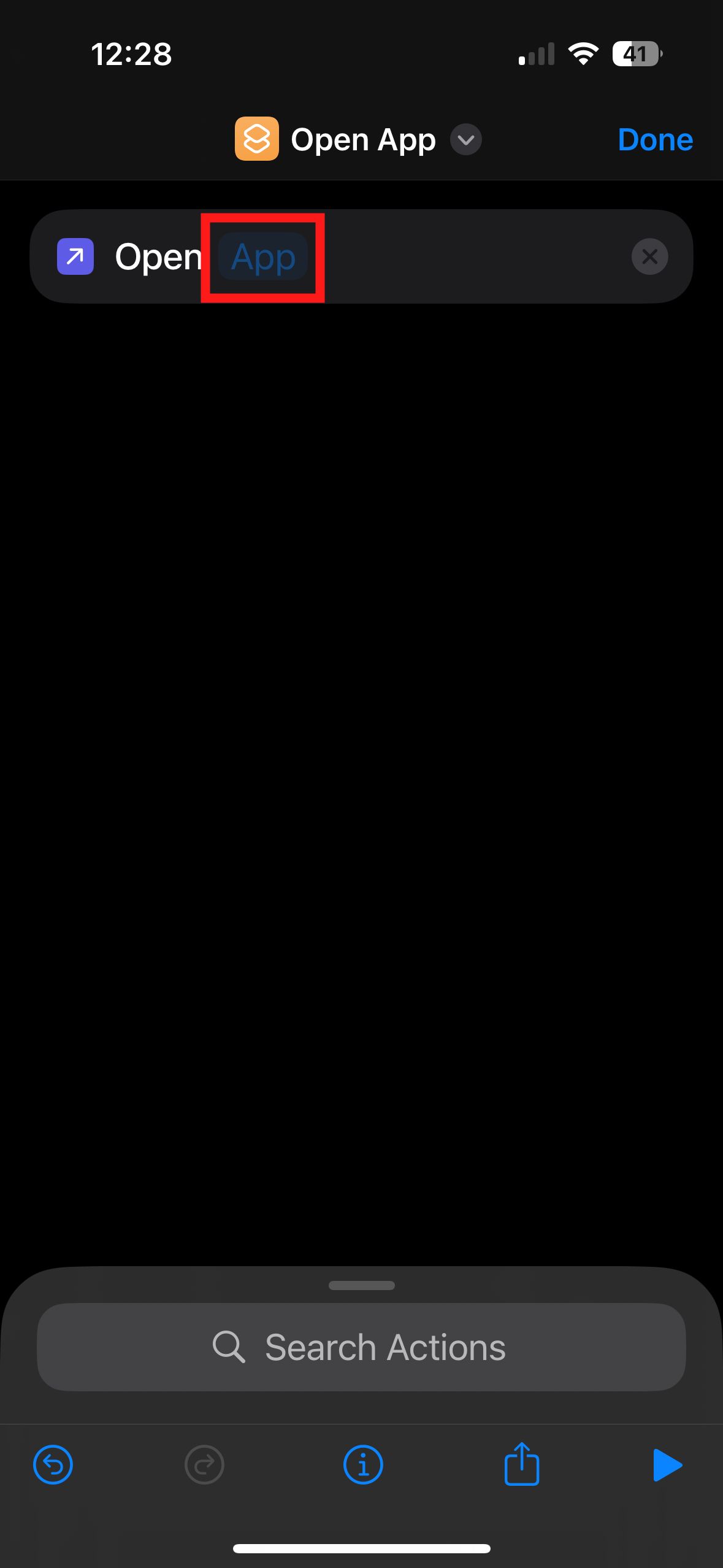 A screenshot of the Apple Shortcuts app with a red box around App. 