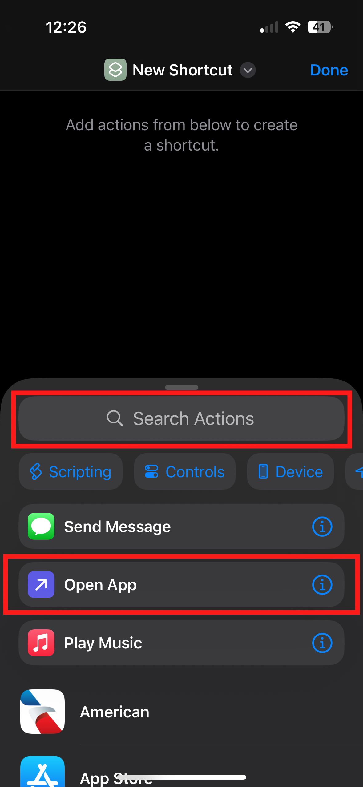 A screenshot of the Apple Shortcuts app with a red box around the Open App and search options.