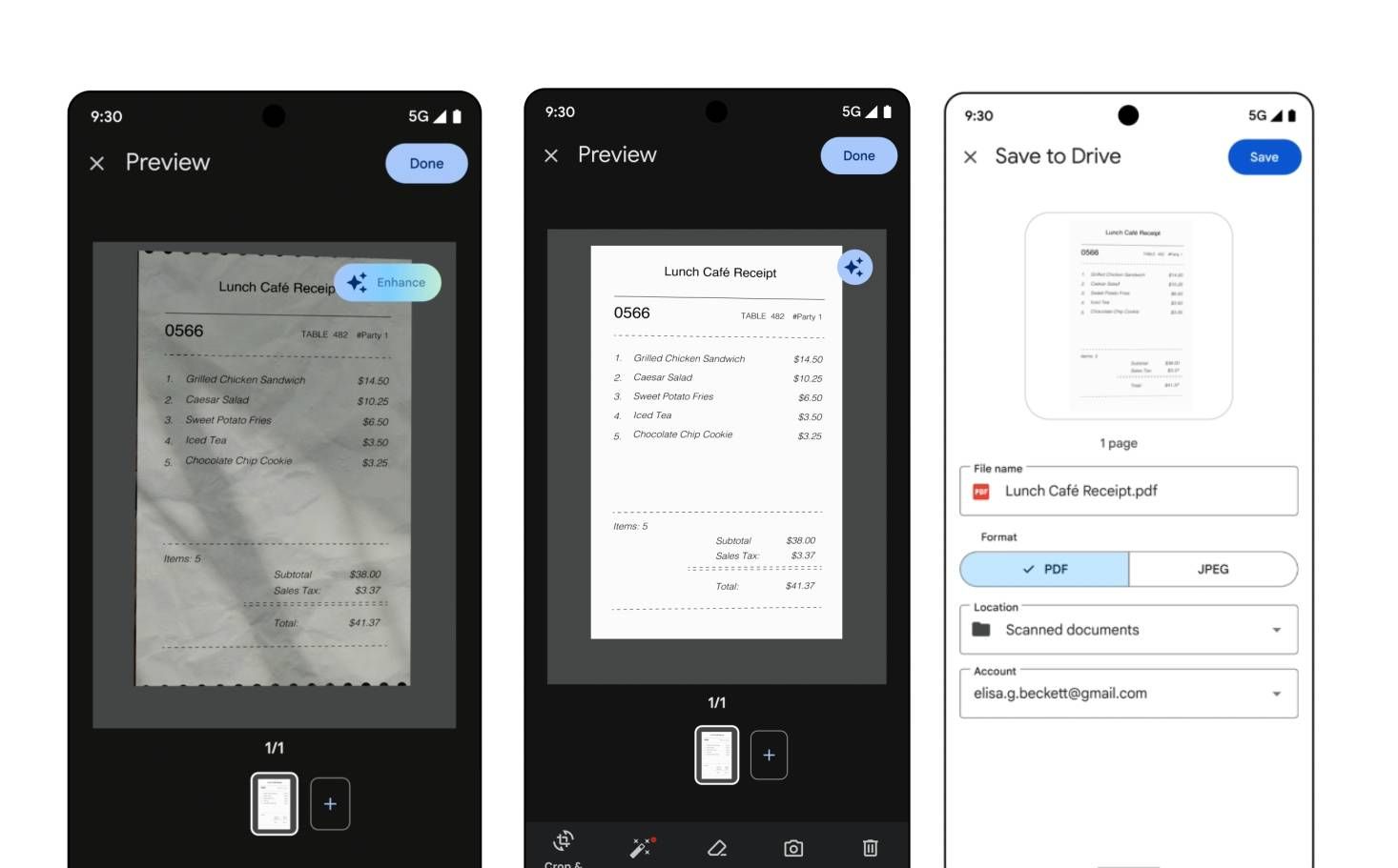 Screenshots highlighting Google Drive's Auto Enhance Scanned Documents feature.