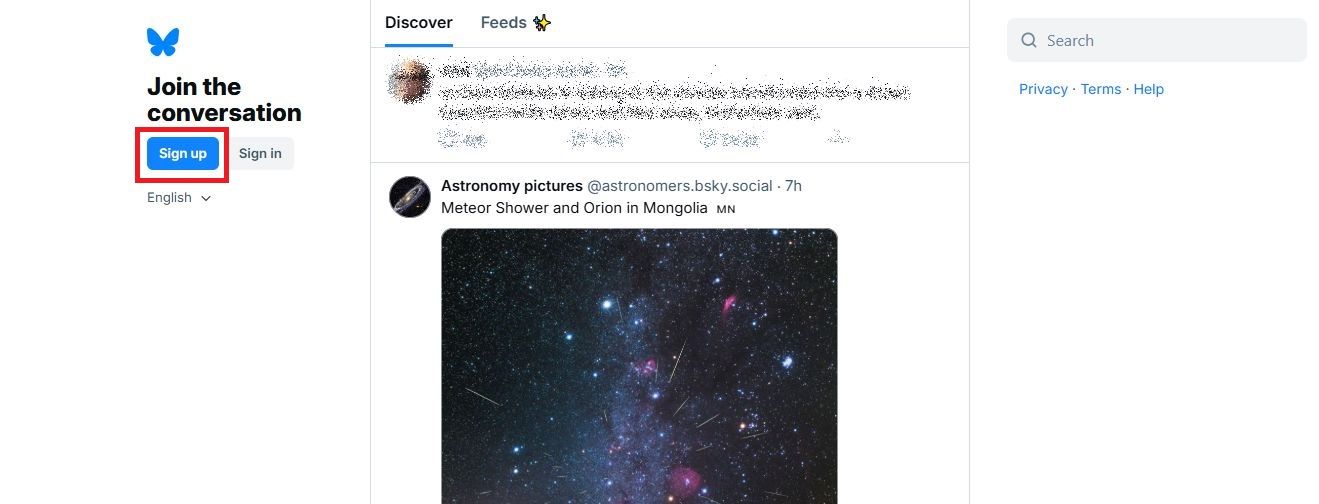 Screenshot highlighting Sign up on Bluesky