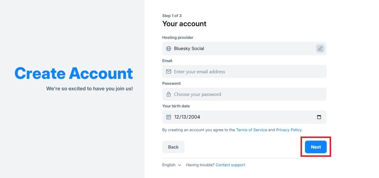 Screenshot highlighting Next on the Bluesky Create account page