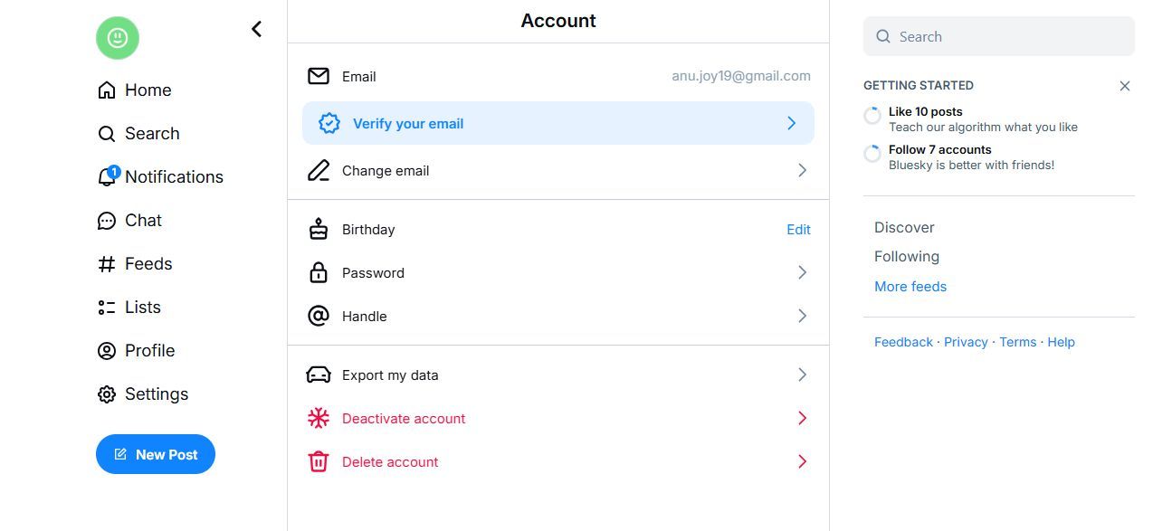 Screenshot showing the Account page on Bluesky