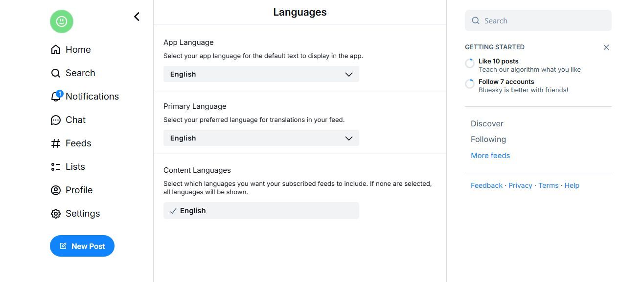 Screenshot showing the Language page on Bluesky